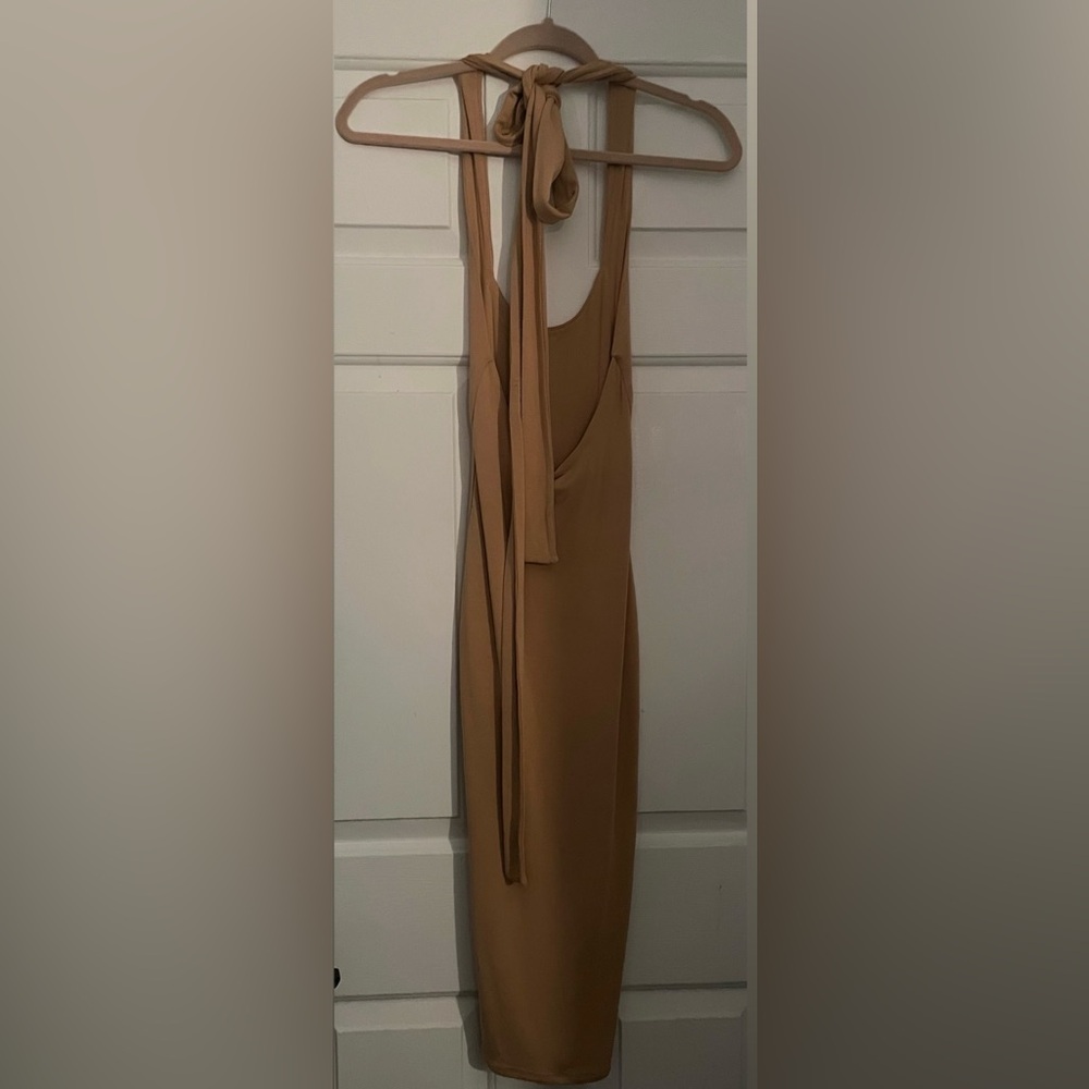 Oh Polly Tan Open Back Halter Tie Bodycon Midi Dress - Picture 2 of 4